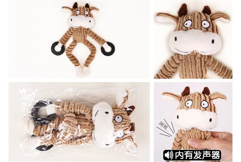 A plush chew toy shaped like a cow and monkey for dogs, made of brown and white fabric.