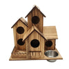 Handcrafted wooden bird house feeder with multiple entrances made of natural wood.