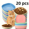 A set of 20 non-slip shallow bowls for cats and small pets in various colors including blue, pink, and striped patterns.