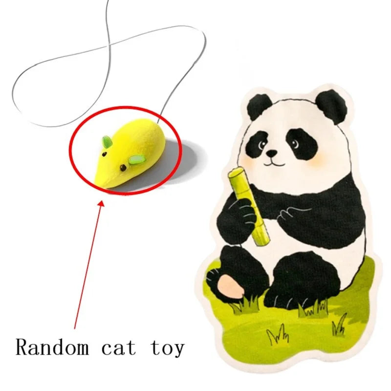 A yellow cat toy is shown hanging from a string, next to a self-adhesive wall-mounted cat scratcher.