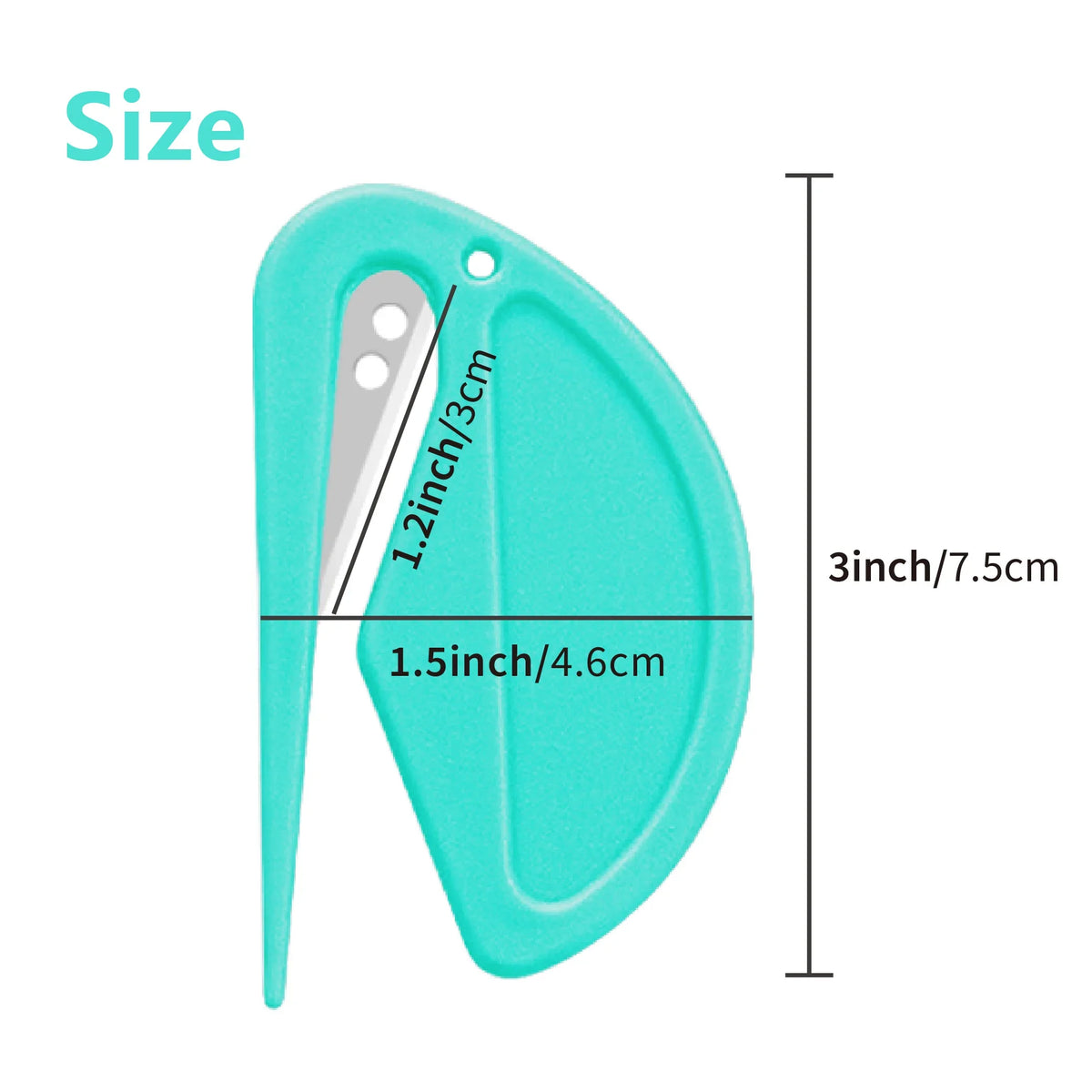 A teal stainless steel pet deshedding and knot removal tool shown with various size measurements.