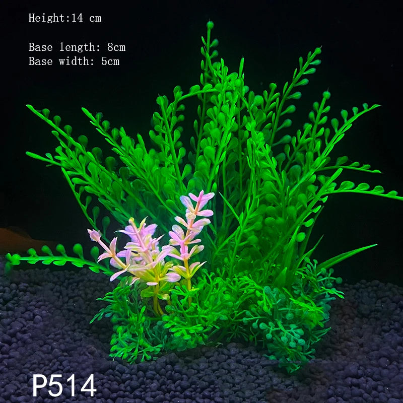 A vibrant artificial aquatic plant featuring bright green foliage and pink flowers, displayed in a dark substrate.
