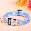 A light blue floral print dog collar with a silver buckle and an engraved name tag on a wooden surface.