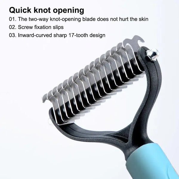A close-up view of a black pet dematting and deshedding brush with an inward-curved sharp 17-tooth design.