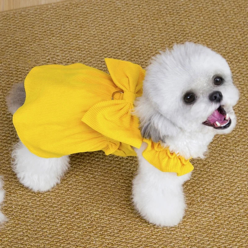 Vintage Corduroy Pet Dress with Bow and Ruffle Skirt