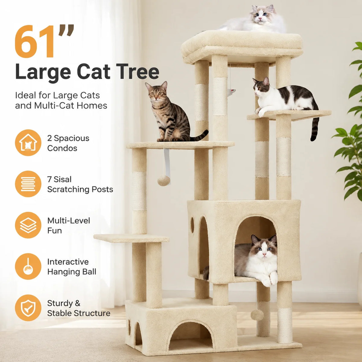 A large cat tree tower with multiple levels, scratching posts, and cozy condos for cats.