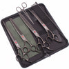 A black case containing professional stainless steel pet grooming scissors, combs, and brushes.
