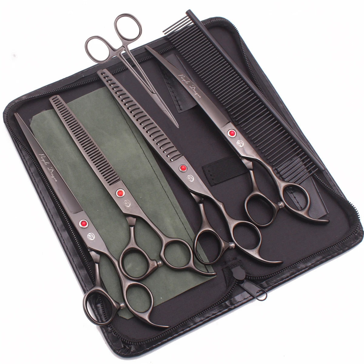 A black case containing professional stainless steel pet grooming scissors, combs, and brushes.