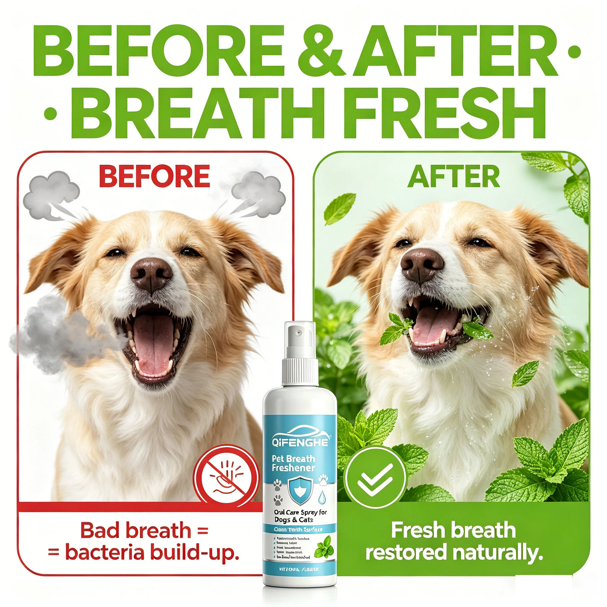 Before and after comparison showing a dog's breath before and after using a Qifenge pet breath freshener spray