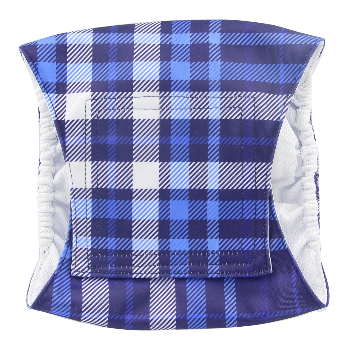 A purple and blue plaid washable dog diaper wrap for male dogs