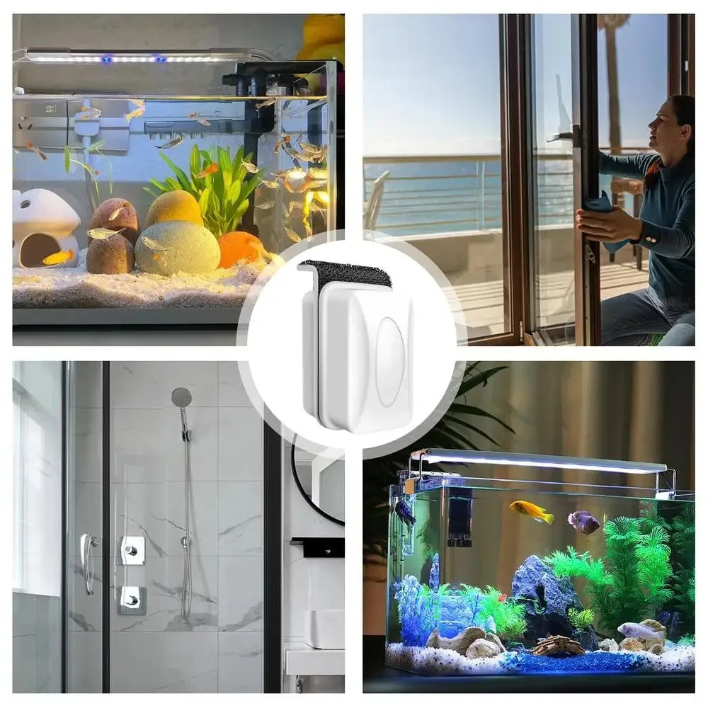 Un outil brosse magnétique pour aquarium blanc montré dans divers contextes, incluant un aquarium en verre et une salle de ba