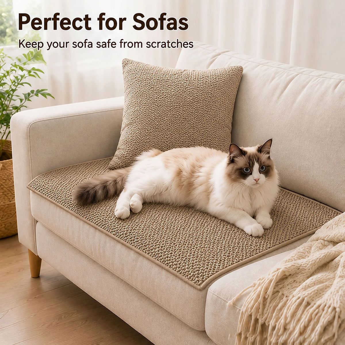 A fluffy cat is relaxing on a beige sofa, using a faux sisal scratching mat to keep the sofa safe from scratches.