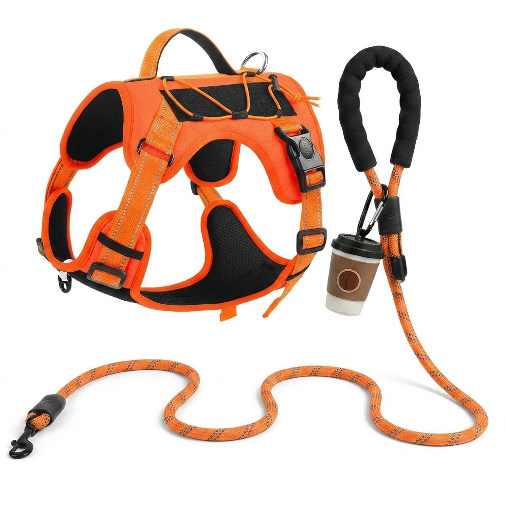 Orange tactical dog harness with reflective trim and leash