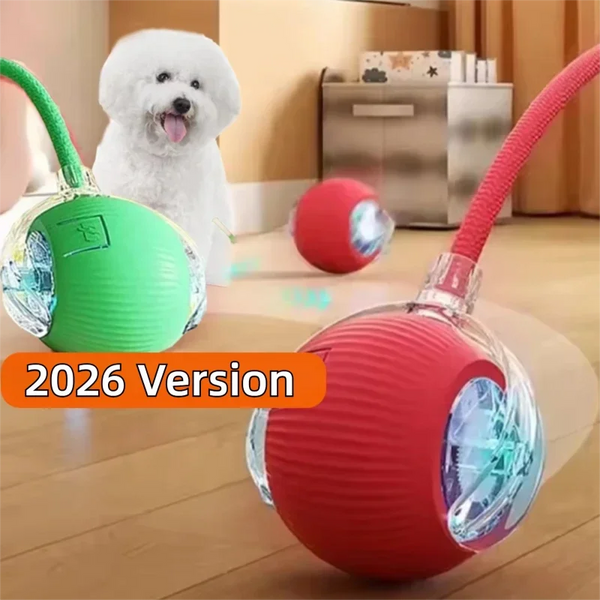 A bright red smart interactive dog ball toy with a green version visible, next to a white dog.