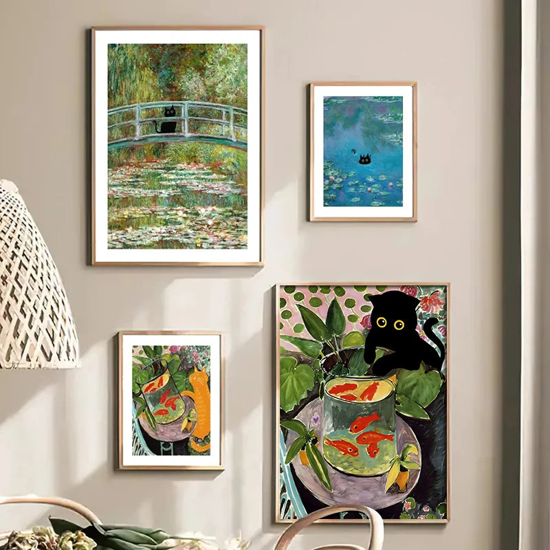 A gallery wall display featuring several framed art prints depicting nature scenes and cats.