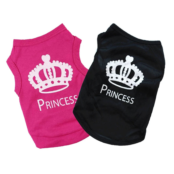Pink and black dog shirts featuring a crown pattern for small dogs and cats