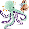 A green plush octopus dog toy with purple tentacles and white spots is shown next to a golden retriever.