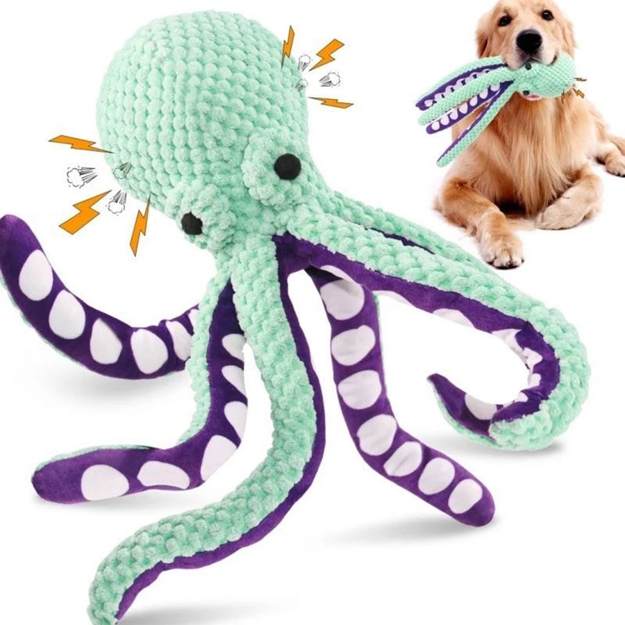 A green plush octopus dog toy with purple tentacles and white spots is shown next to a golden retriever.