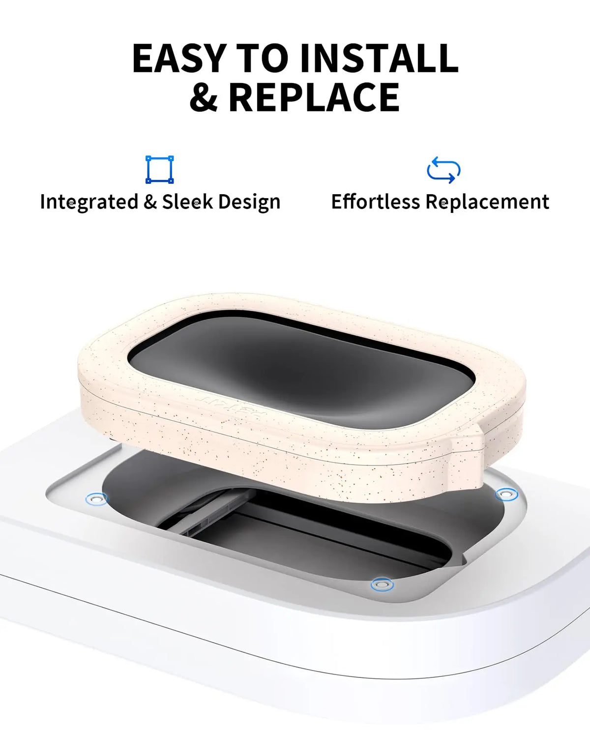 Un insert de kit pour animaux de couleur beige clair est installé facilement dans une litière blanche.
