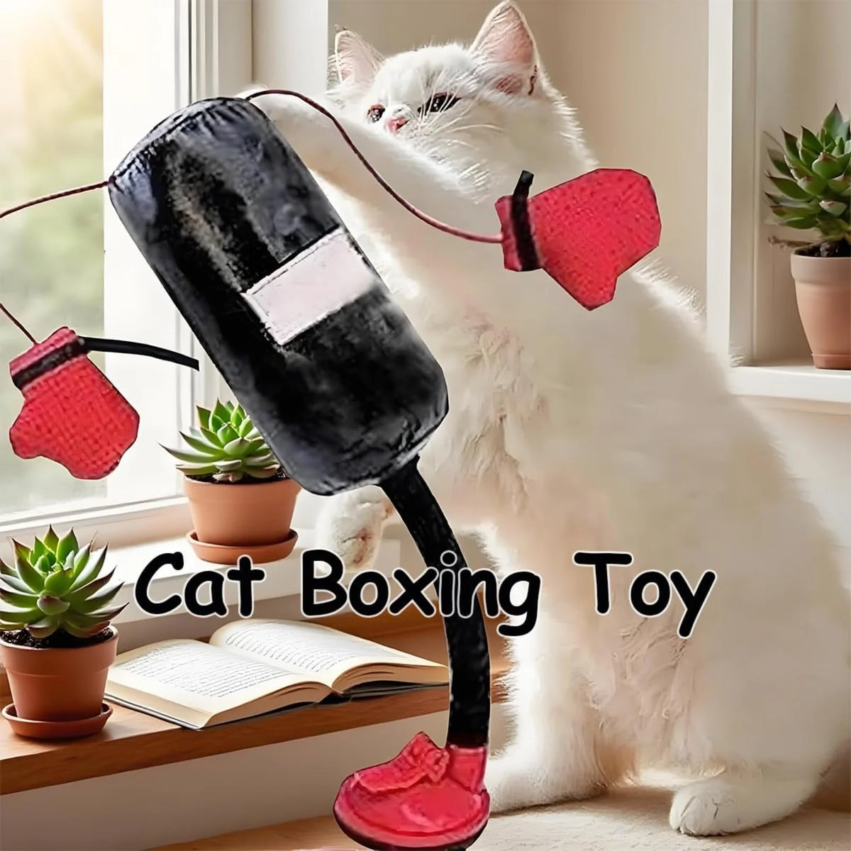 Eine weiße Katze spielt mit einem pinken und einem schwarzen Boxspielzeug in einem hellen Innenraum.