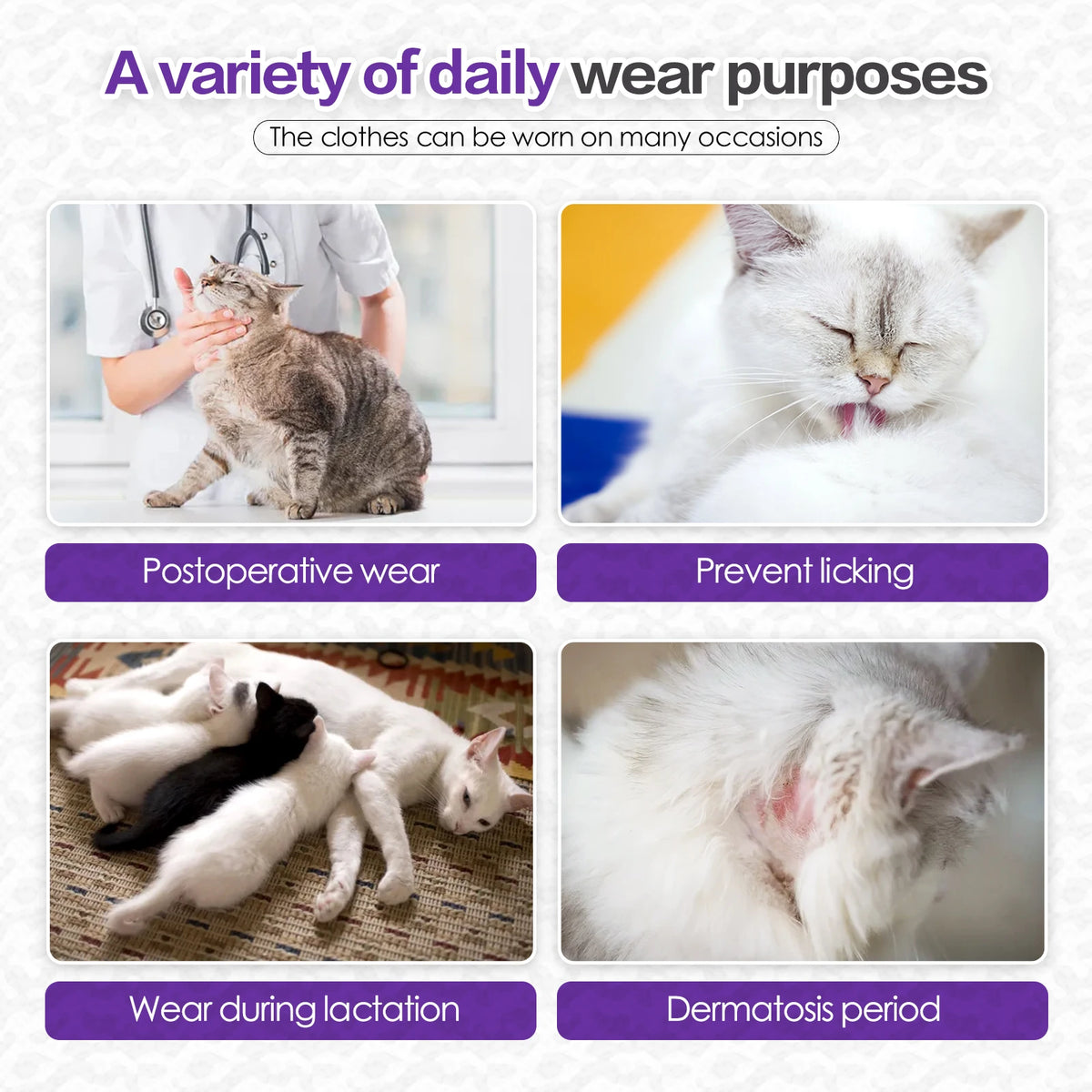 A variety of daily wear purposes shown with images illustrating postoperative wear, prevent licking, wear during lactation, a