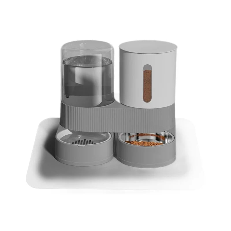 A white automatic gravity pet feeder and water dispenser combo with a transparent top section.