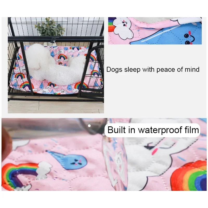 A pink and blue washable pet training mat featuring a unicorn design, shown next to a dog sleeping peacefully.