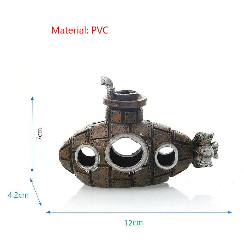 A small, textured PVC ornament shaped like a sunken ship with a cave hideout for fish tanks.