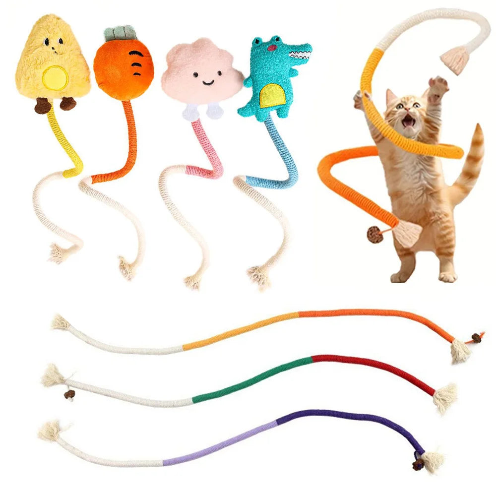 A collection of interactive cotton rope cat toys featuring various colors and shapes, including a cat toy and a cat figure.