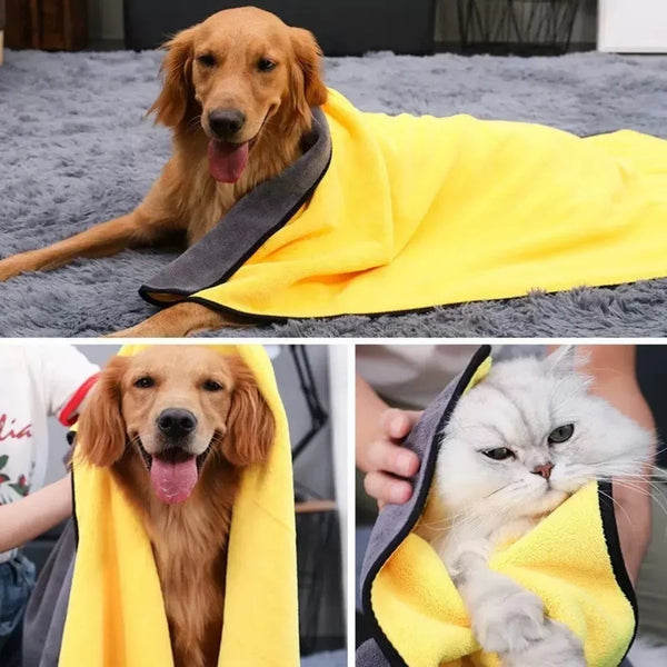 A yellow ultra-absorbent pet drying towel is shown being used to dry a dog and a cat.