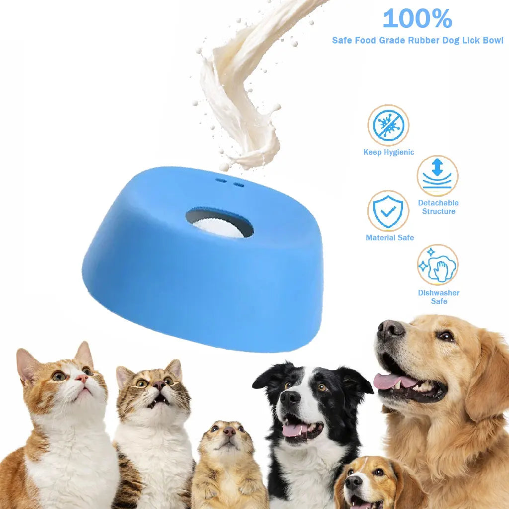 A blue ergonomic slow feeder dog bowl is shown with several dogs looking at it.