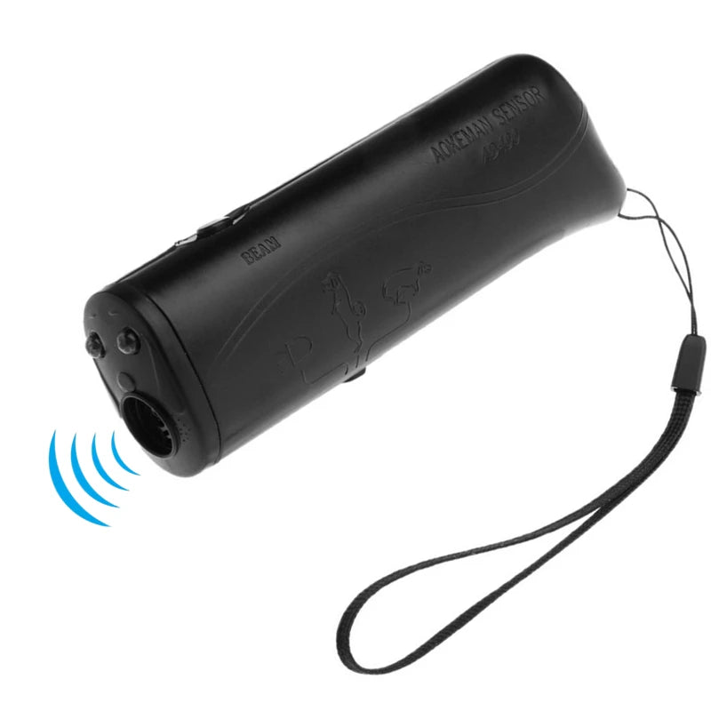 Schwarzes Ultraschall-Hundabwehrmittel mit LED-Taschenlampe und Anschlusskabel.
