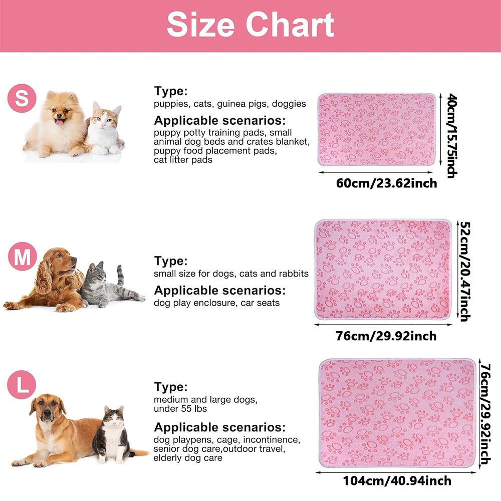 Size chart showing different sizes of pet blankets categorized by type and applicable scenarios.