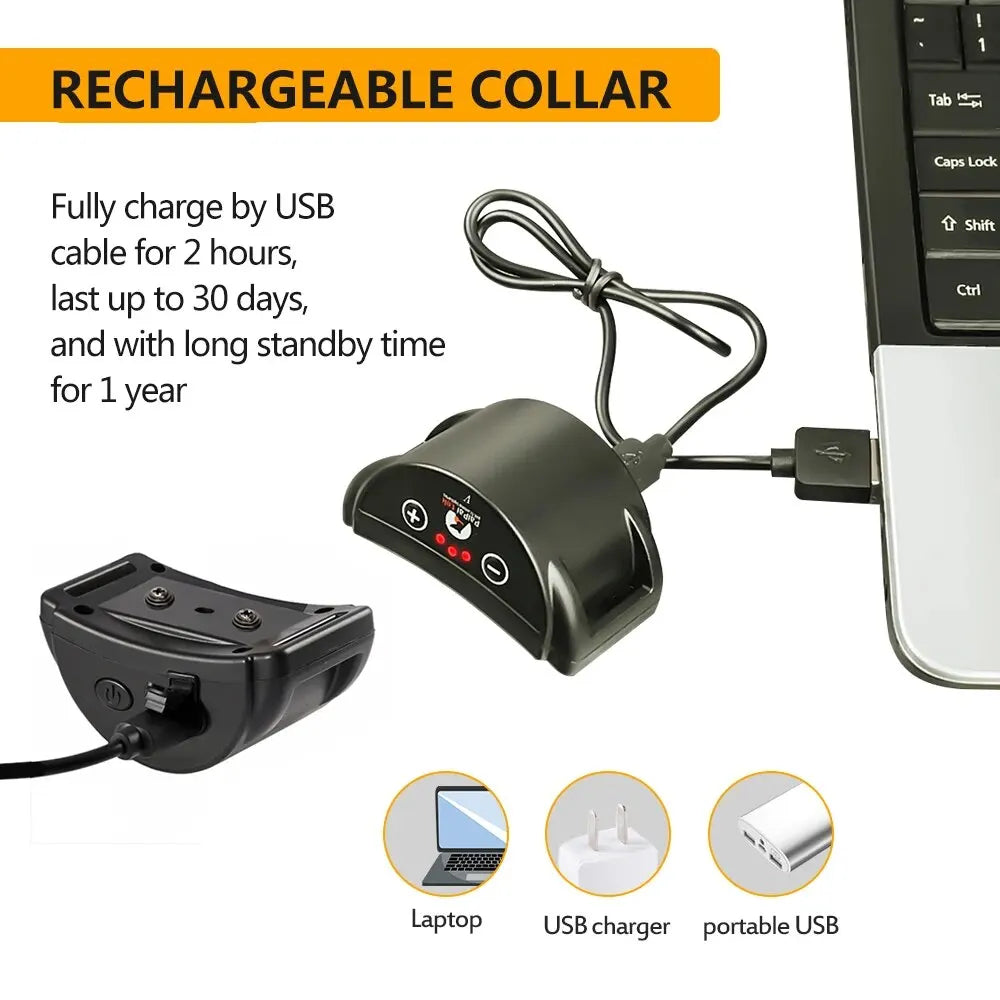 A rechargeable dog collar device shown next to a laptop, USB charger, and portable USB cable.