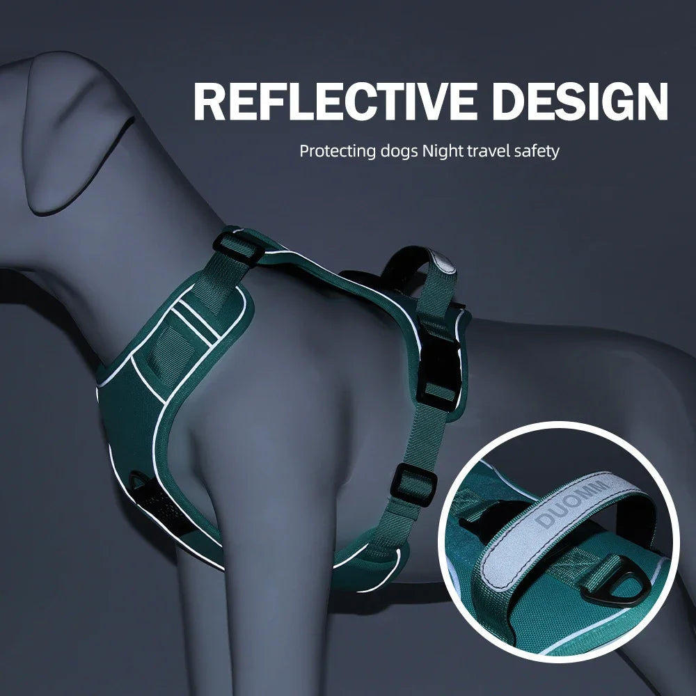 A dark green reflective dog harness is shown on a gray dog, highlighting its design for night travel safety.