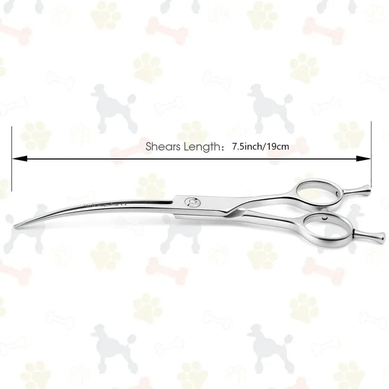 A pair of professional curved pet grooming scissors with a 7.5-inch blade shown against a white background.