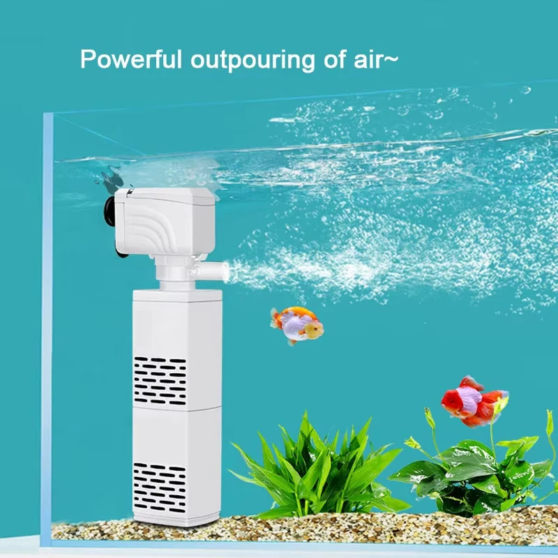 A white submersible aquarium filter pump is shown in clear water with plants and a fish, demonstrating powerful air output.