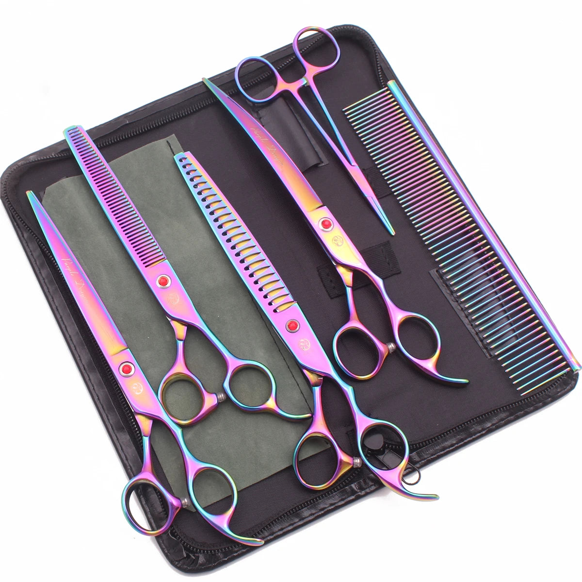A black case holding a set of professional stainless steel pet grooming scissors and a comb.