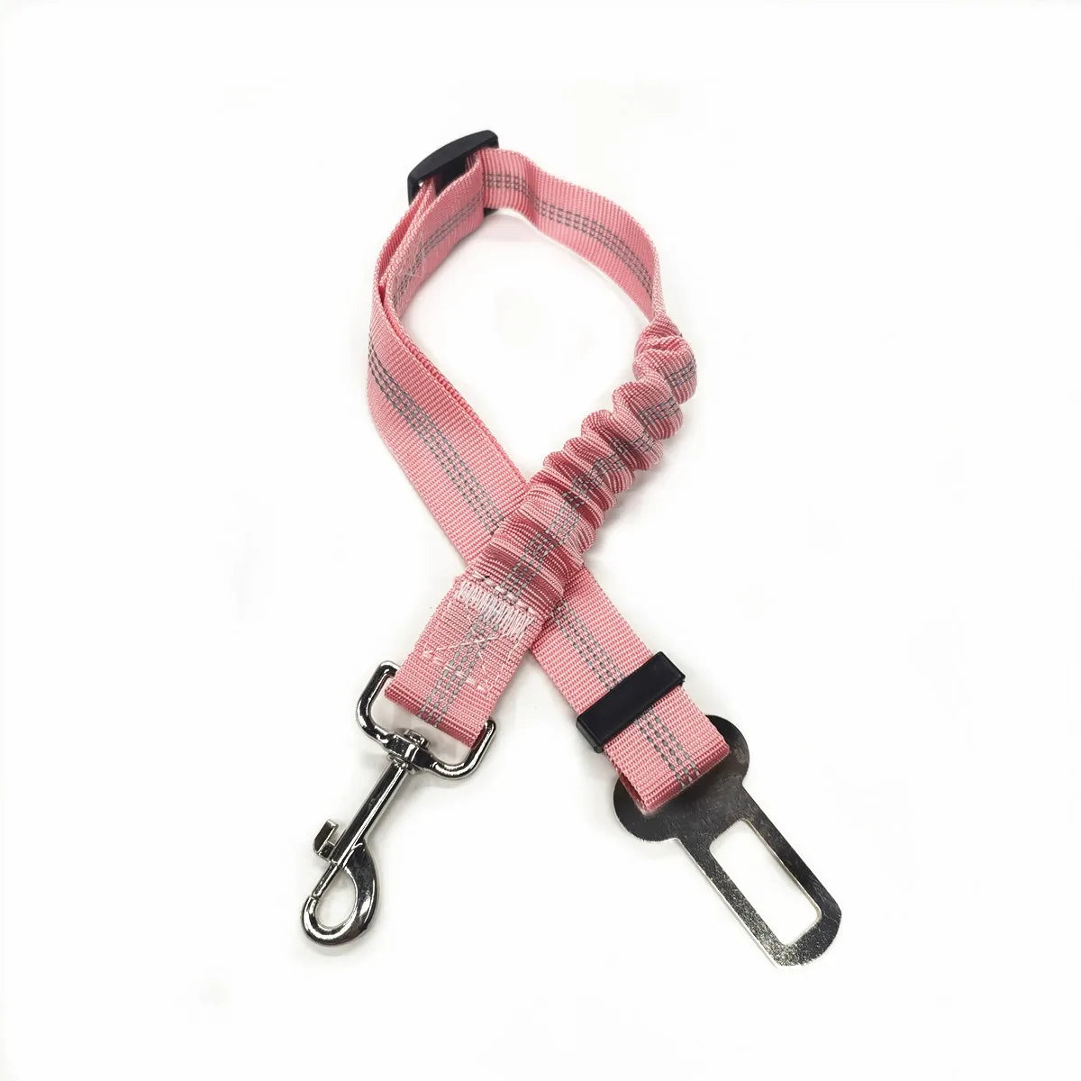 Harnais de siège auto pour chien rose et noir réglable avec un clip métallique.