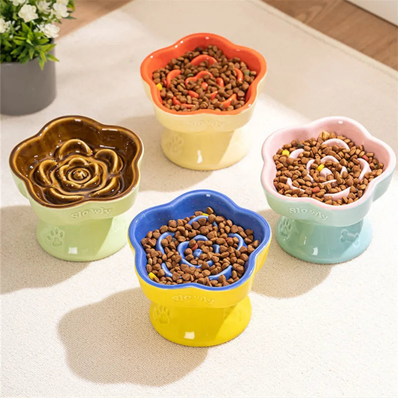 Elevated Ceramic Slow Feeder Bowl for Cats and Small Dogs