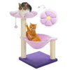 A purple flower cat tree featuring a scratching post, hammock, and a cozy top perch for a cat.