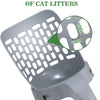A gray cat litter scoop with a mesh design and an inset showing the 6mm size.