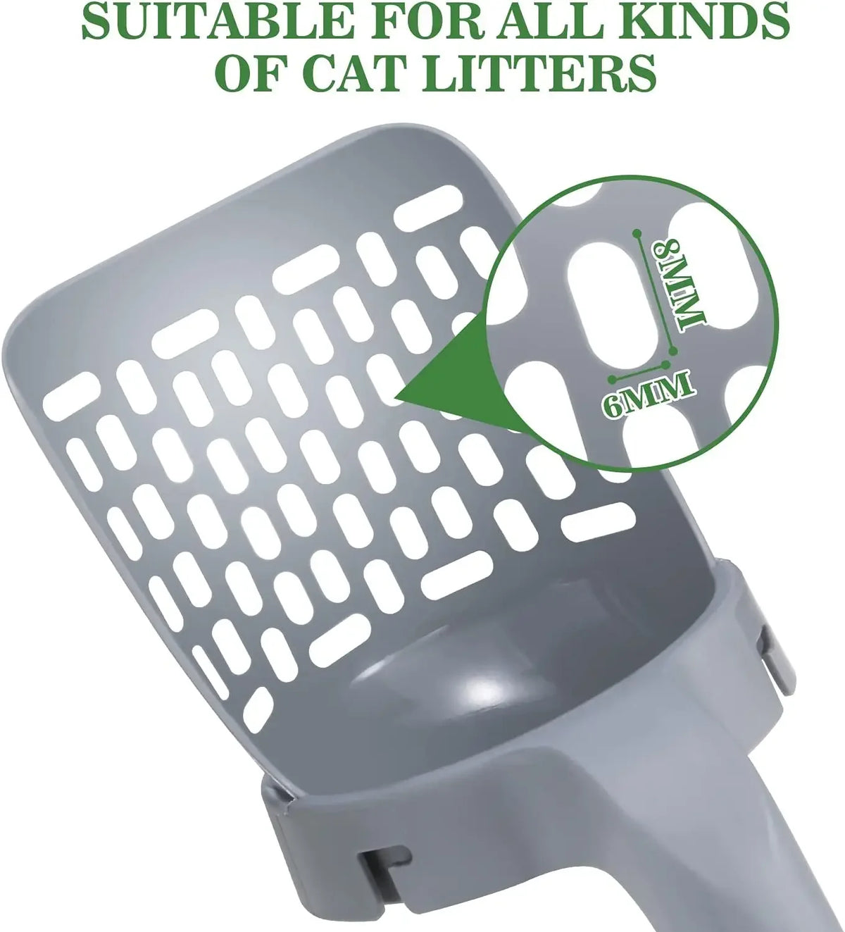 A gray cat litter scoop with a mesh design and an inset showing the 6mm size.