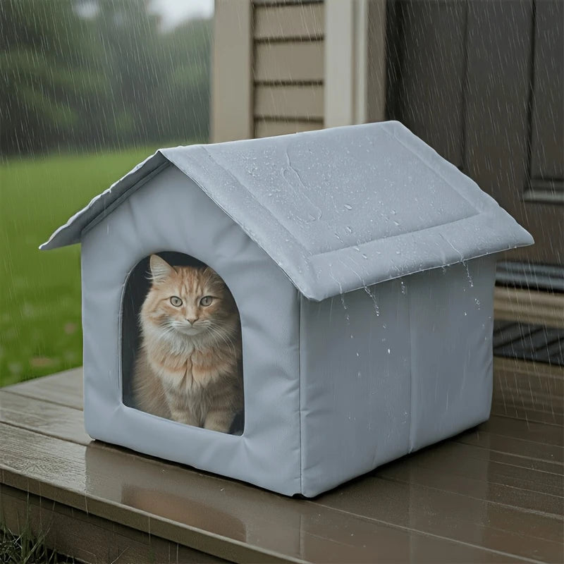 A gray waterproof insulated cat house with a removable cover sits on a wooden surface in the rain.