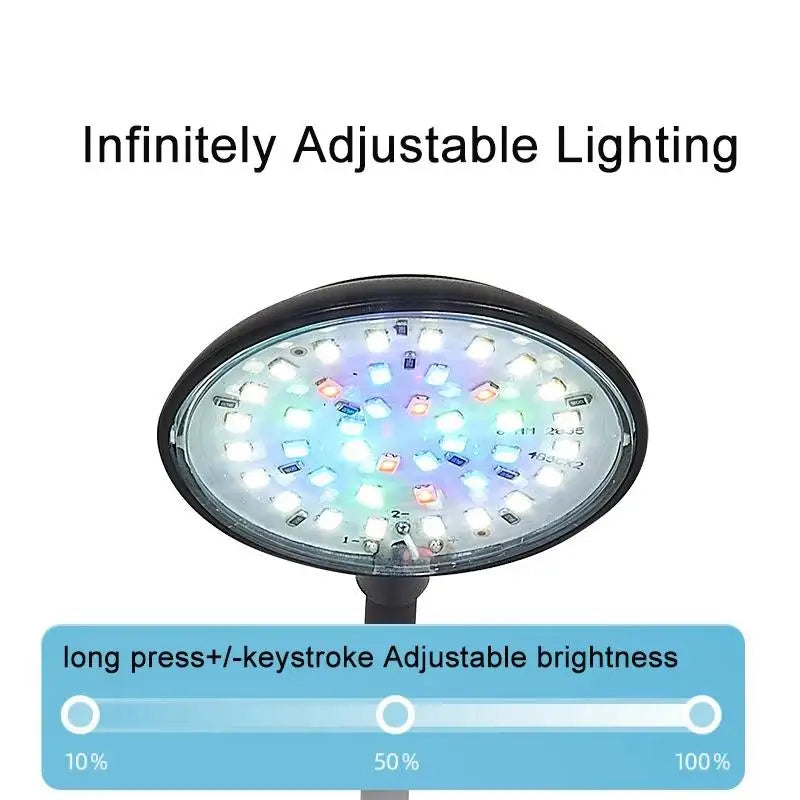 A close-up view of an infinitely adjustable LED lighting fixture designed for aquariums, featuring a dial for brightness adju