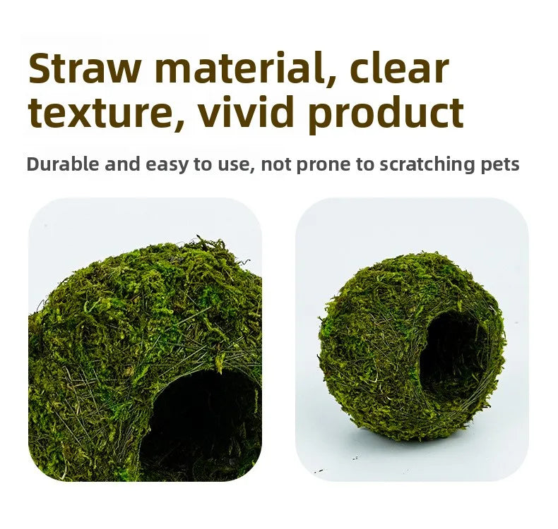 A ball of green straw material or natural moss used as a reptile hide.