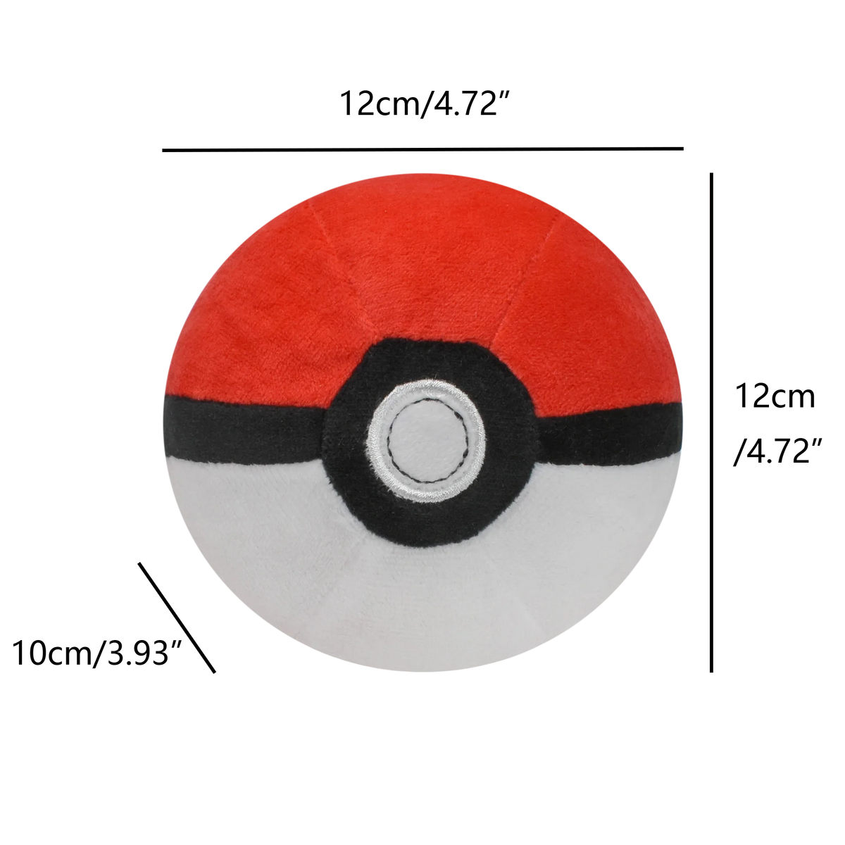 A round plush toy resembling a Poké Ball with red, black, and white coloring.