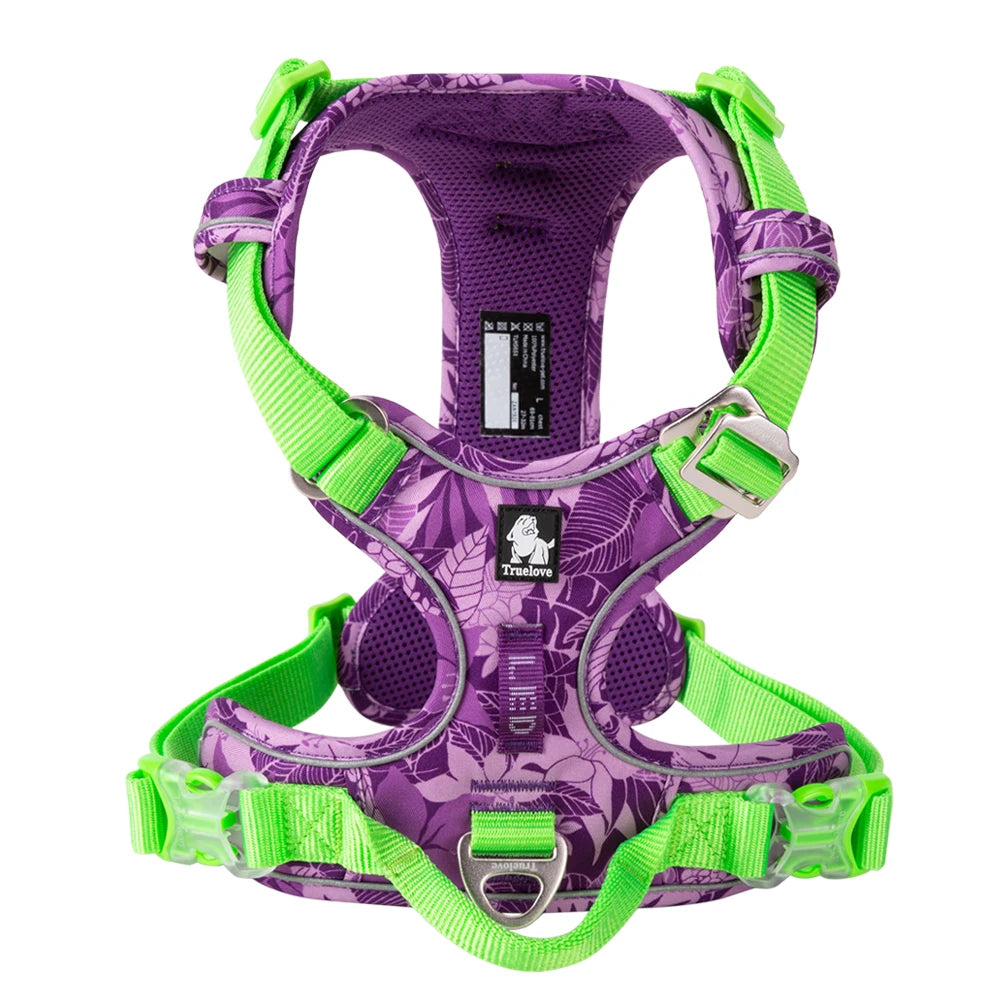 Lila gepolstertes Nylon-Hundgeschirr mit leuchtend grüner reflektierender Zierleiste.