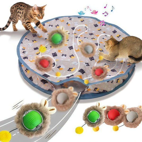 A cat toy set featuring a motion-activated hide and seek pouch with rolling balls and a small cat.