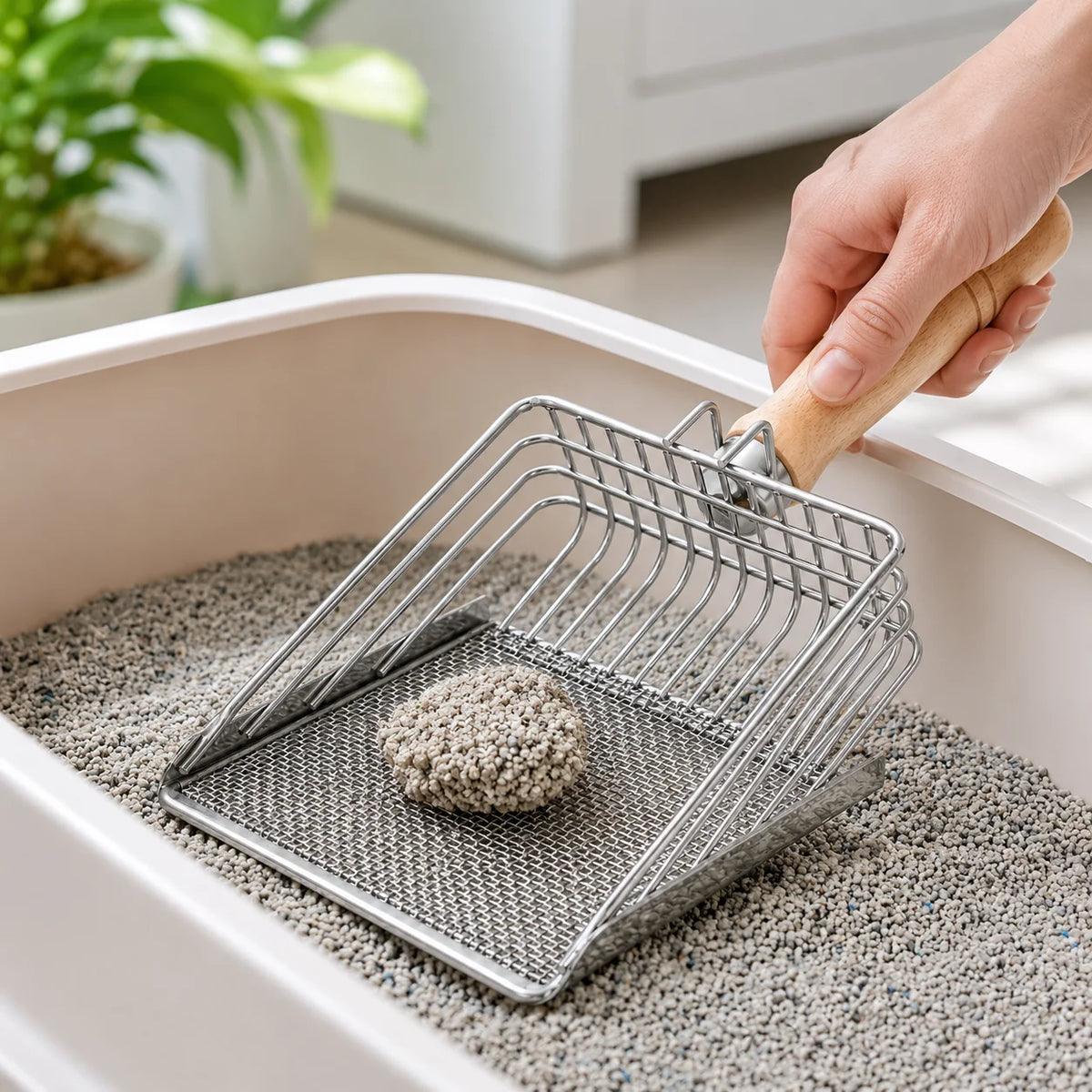 Stainless Steel Cat Litter Scoop with Wooden Handle and Fine Mesh Sifter